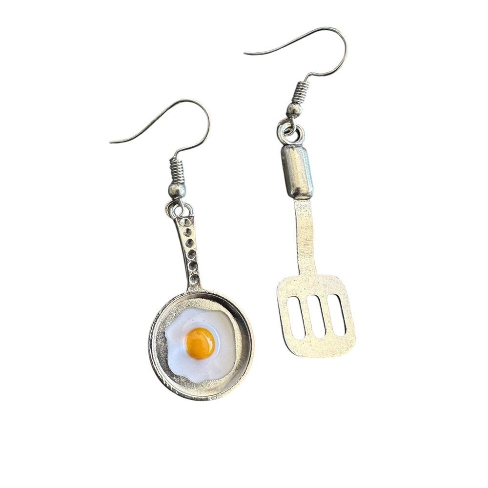 Silver Frying Pan And Spatula Drop Earrings